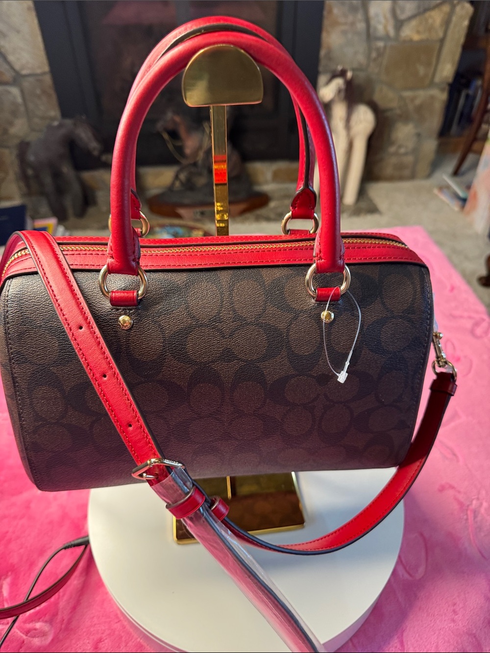NWT Coach L2122‑83607 Chocolate Embossed Satchel Red Trim Gold Hardware - Picture 4 of 5